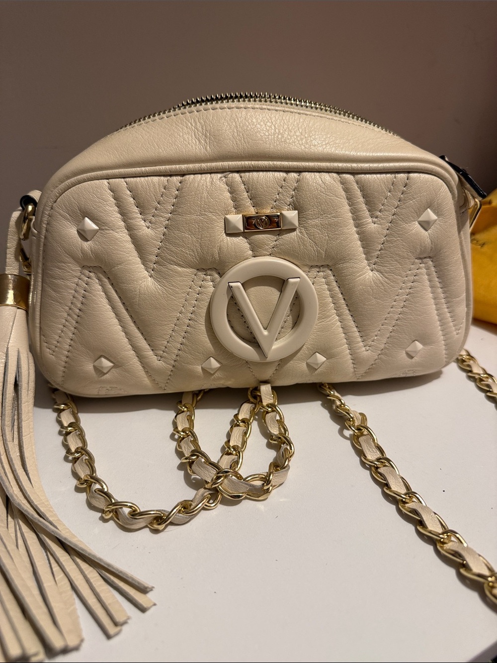 Valentino Cream Quilted Leather Camera Crossbody with Tassel and Gold Chain